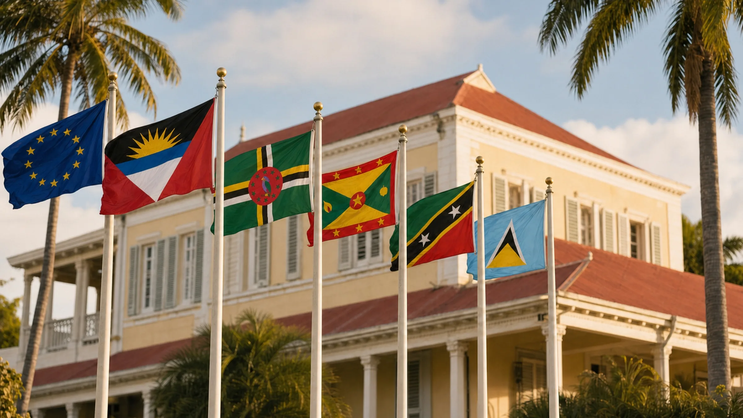 The flag of the European Union flying alongside the flags of Antigua and Barbuda, Dominica, Grenada, Saint Kitts and Nevis, and Saint Lucia.