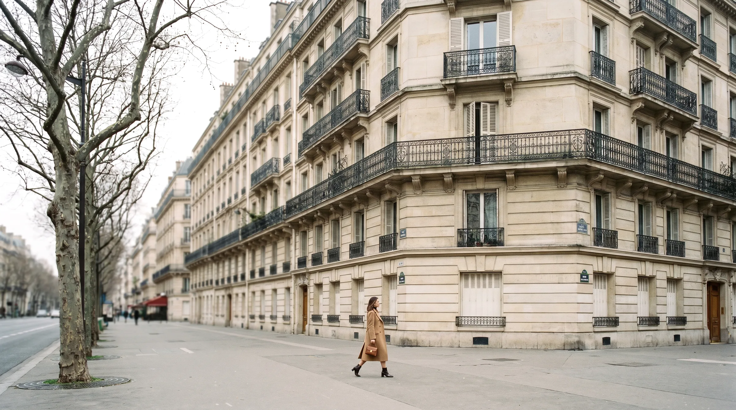 A quiet European street — Haussmann balconies and a wide pavement under soft late-afternoon light.